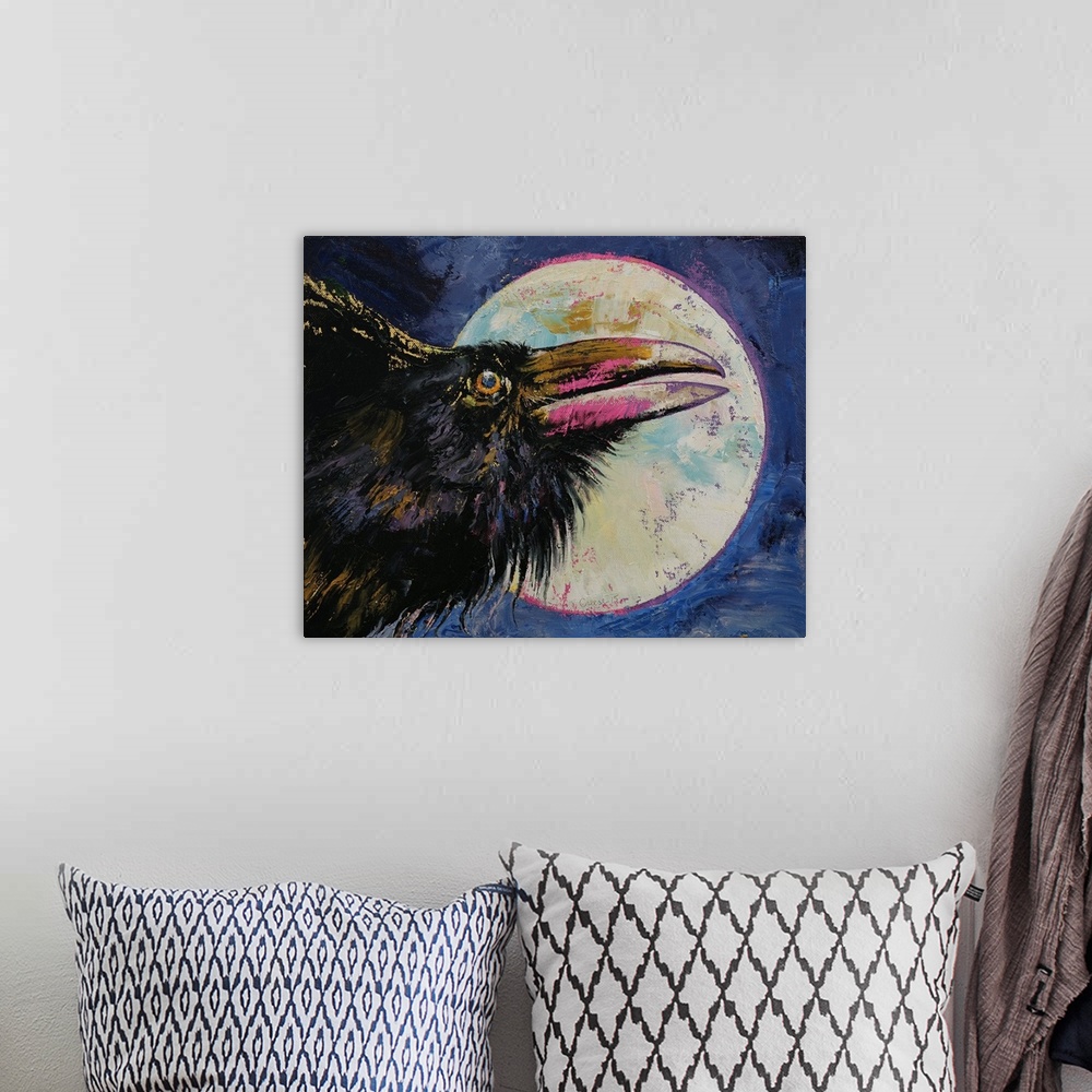 A bohemian room featuring A contemporary painting of a black crow against a background of a full moon.