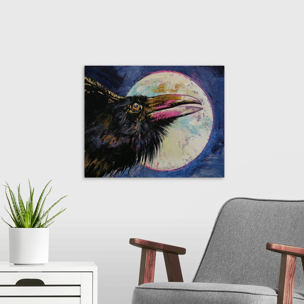 A modern room featuring A contemporary painting of a black crow against a background of a full moon.