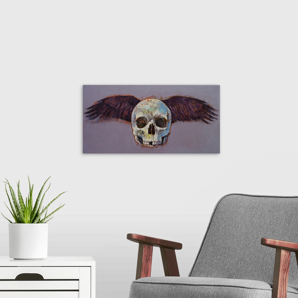 A modern room featuring A contemporary painting of human skull with black wings spread out behind it.