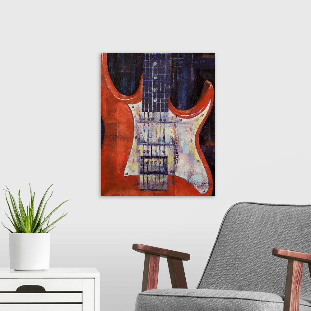 A modern room featuring This is a vertical painting showing the detail of the body of this iconic Rock ono Roll musical i...