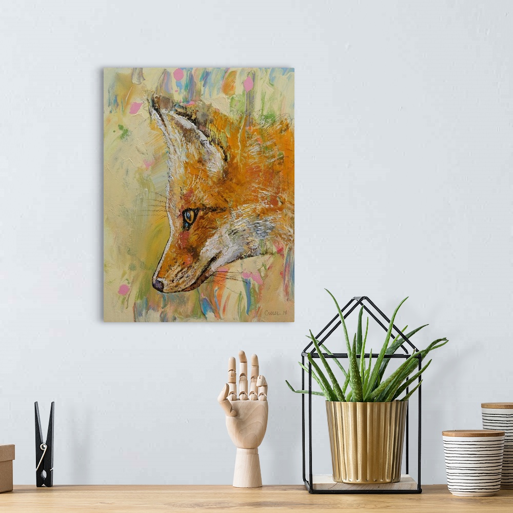 A bohemian room featuring A contemporary painting of a red fox profile.