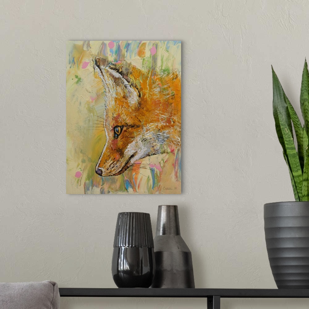 A modern room featuring A contemporary painting of a red fox profile.