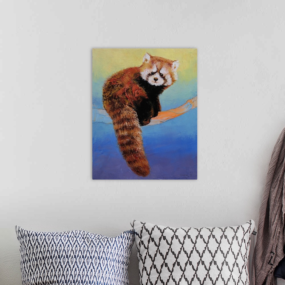 A bohemian room featuring A contemporary painting of a red panda portrait.