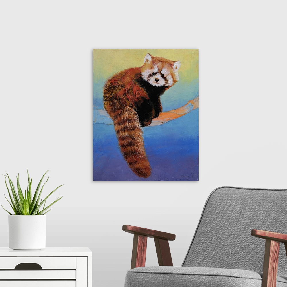 A modern room featuring A contemporary painting of a red panda portrait.