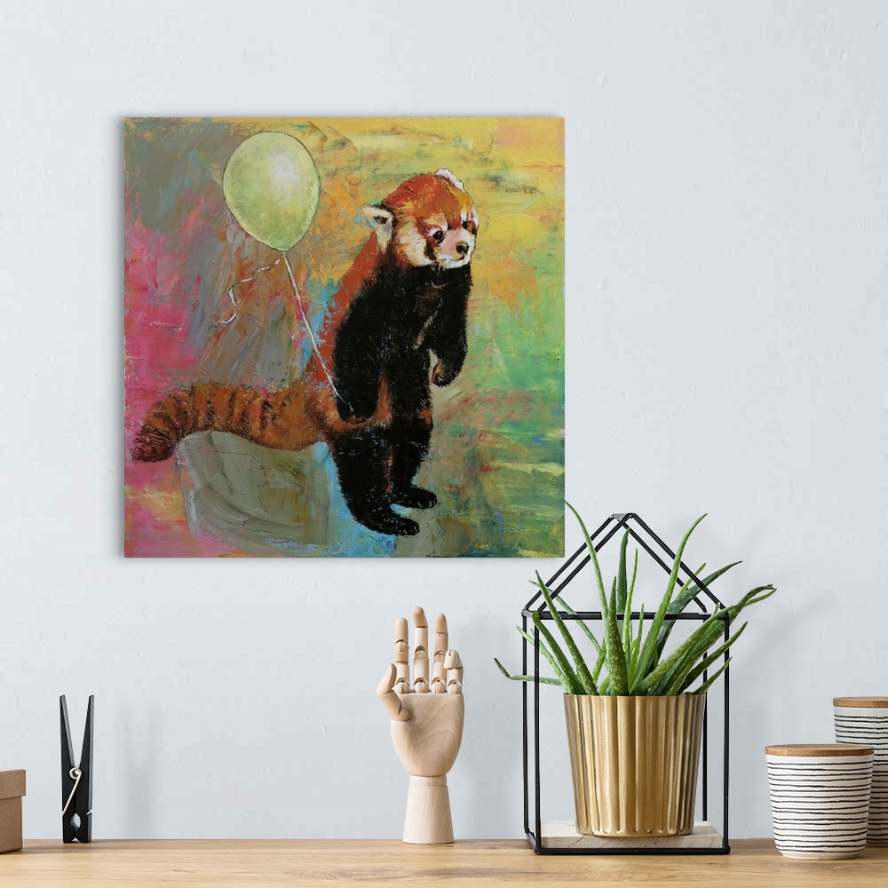 A bohemian room featuring A contemporary painting of a red panda standing up holding a green balloon.