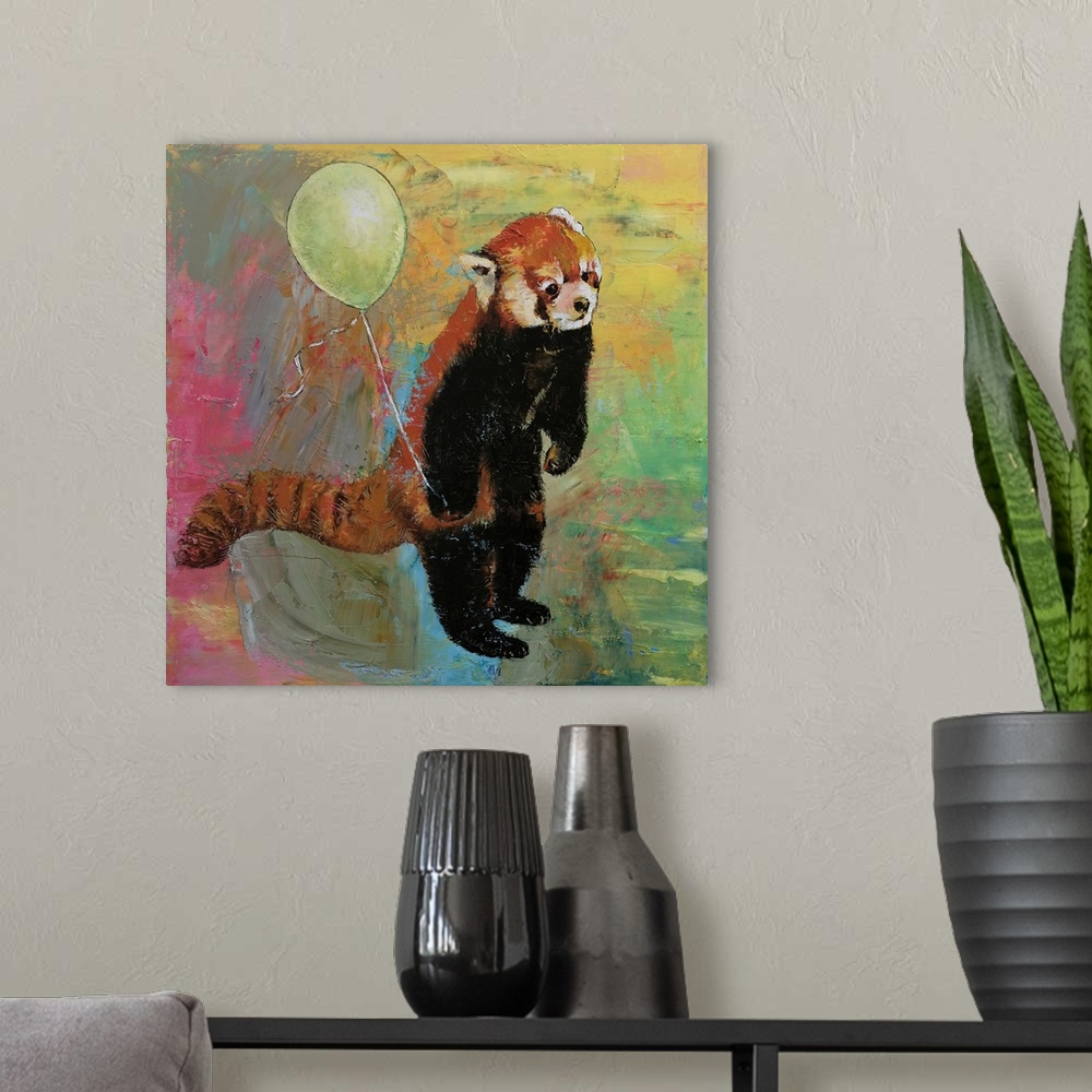 A modern room featuring A contemporary painting of a red panda standing up holding a green balloon.
