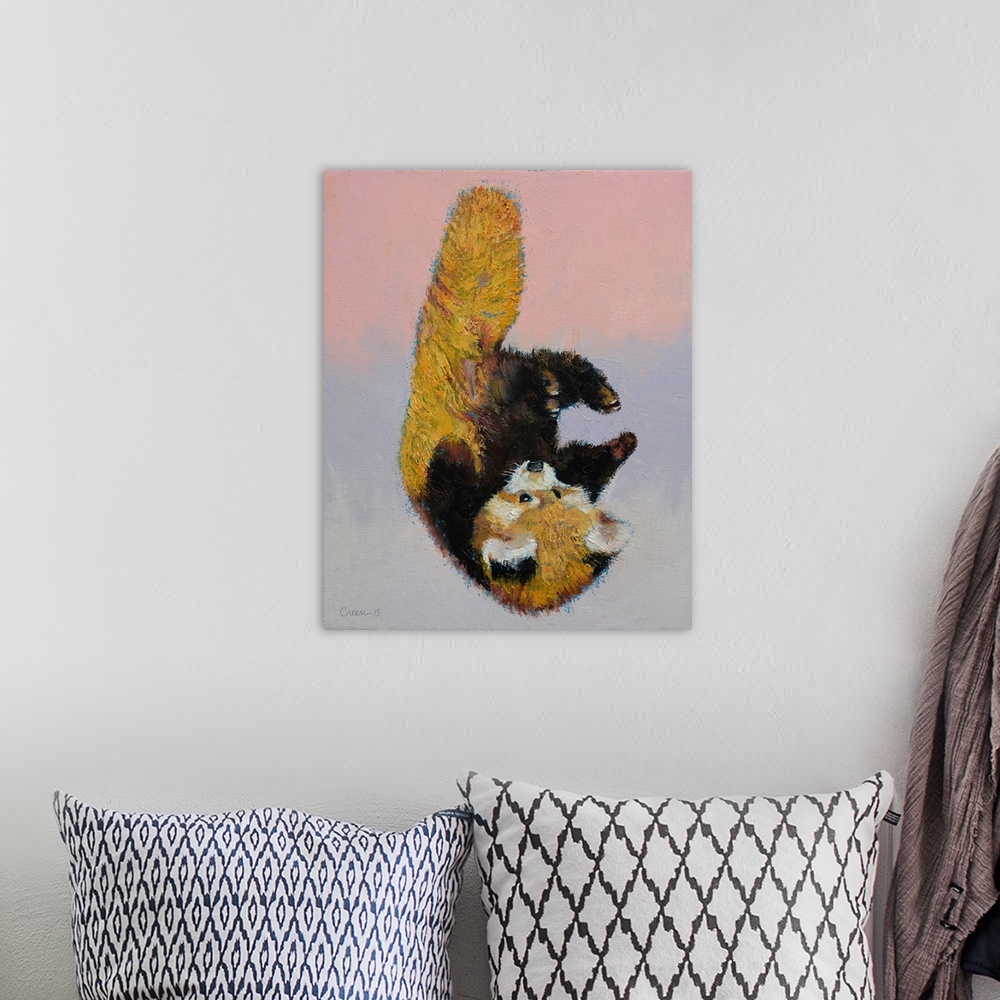 A bohemian room featuring A contemporary painting of a red panda playing with its own feet like a baby.