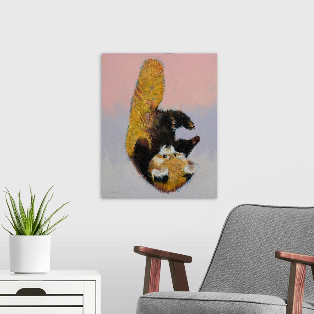 A modern room featuring A contemporary painting of a red panda playing with its own feet like a baby.