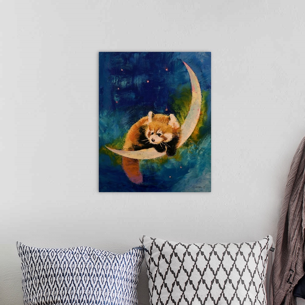 A bohemian room featuring A contemporary painting of red panda sitting on a crescent moon.