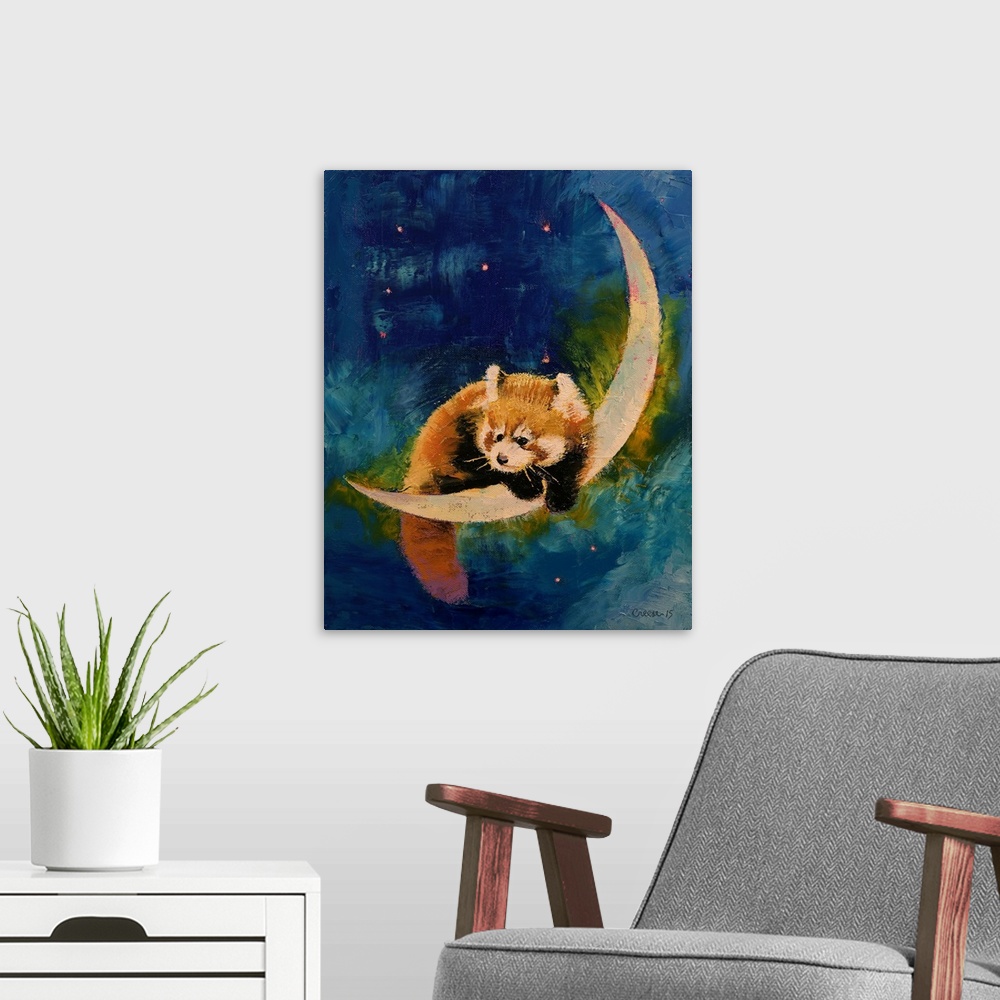 A modern room featuring A contemporary painting of red panda sitting on a crescent moon.