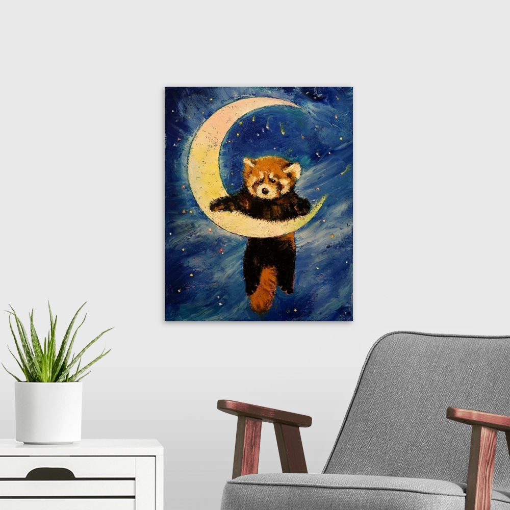 A modern room featuring A contemporary painting of red panda dangling from a crescent moon.