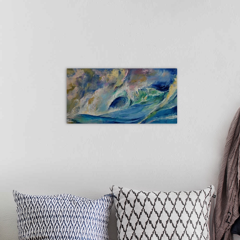 A bohemian room featuring A contemporary painting of a green wave in the ocean curling over.