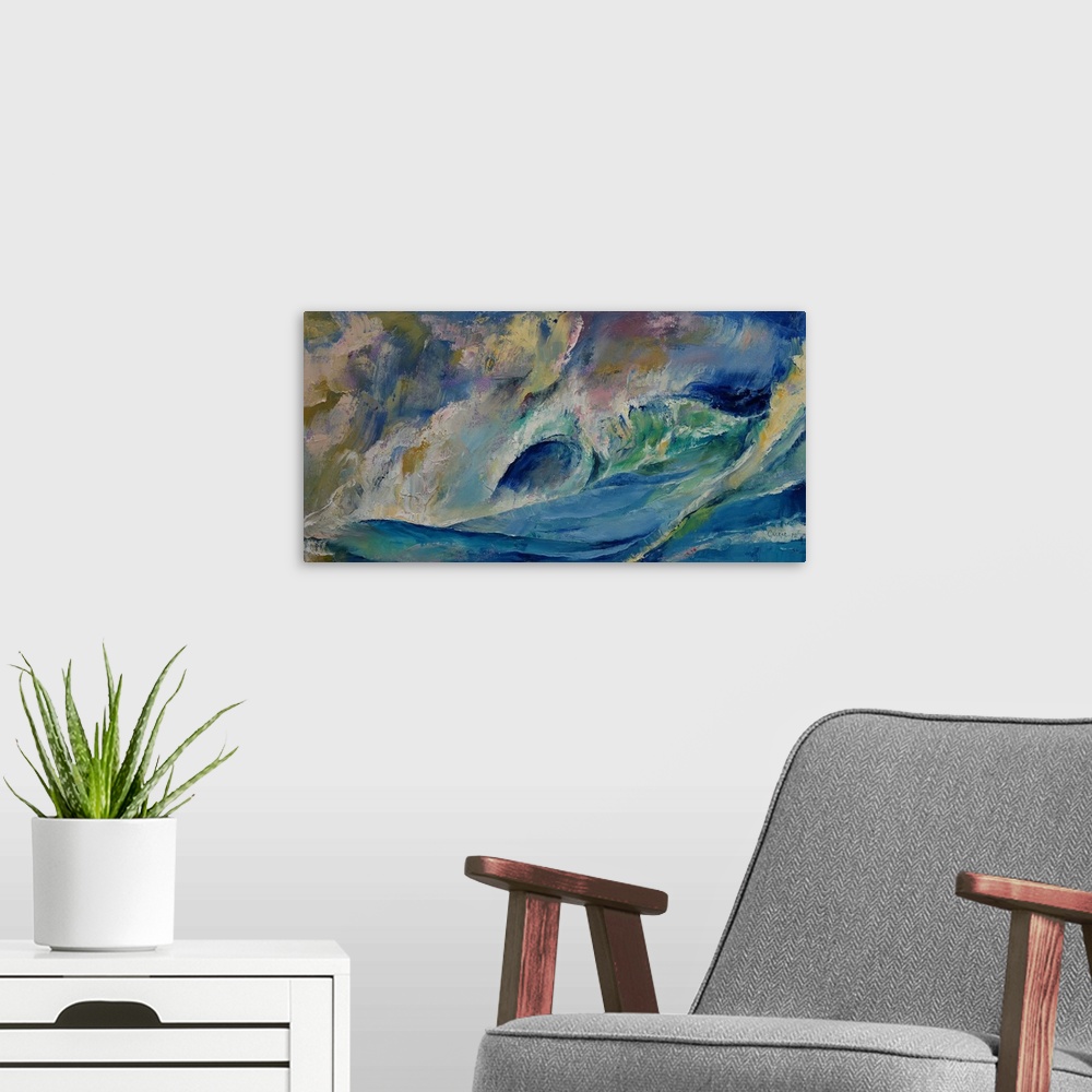 A modern room featuring A contemporary painting of a green wave in the ocean curling over.
