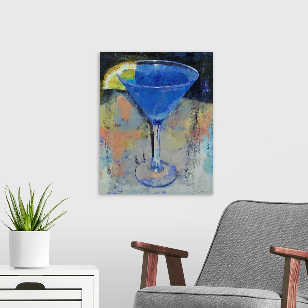 A modern room featuring Decorative artwork for the home of a martini glass filled with a blue drink and a lemon wedge on ...