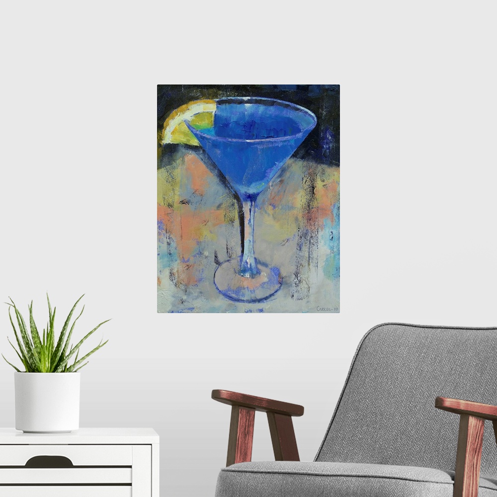 A modern room featuring Decorative artwork for the home of a martini glass filled with a blue drink and a lemon wedge on ...