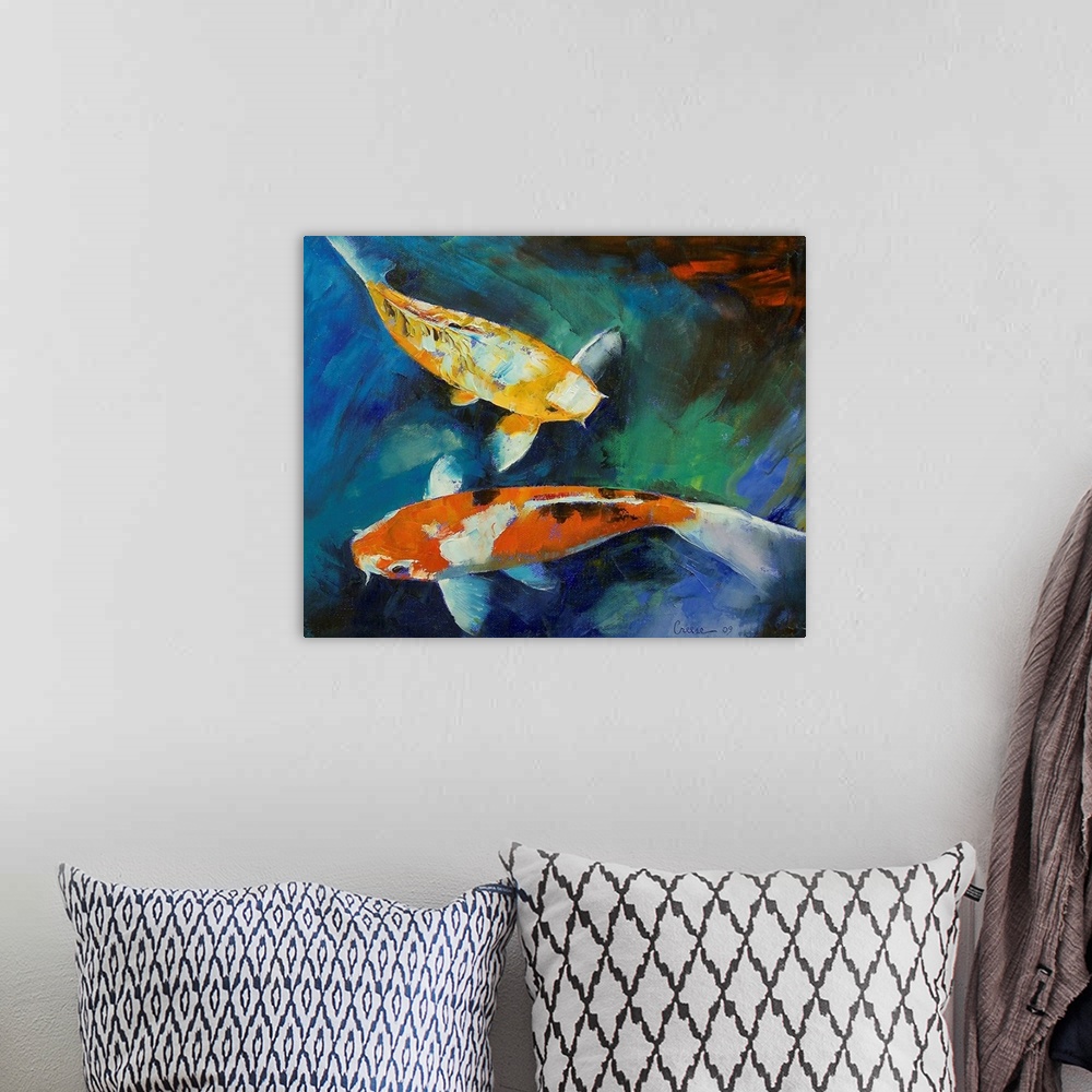 A bohemian room featuring This horizontal wall art is a gicloe print of an oil painting of two fish swimming in a garden pond.