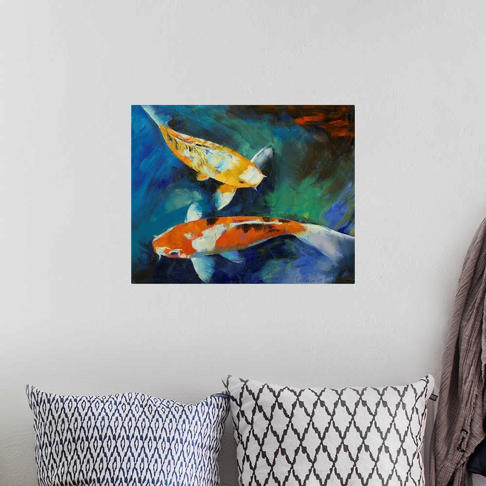 A bohemian room featuring This horizontal wall art is a gicloe print of an oil painting of two fish swimming in a garden pond.