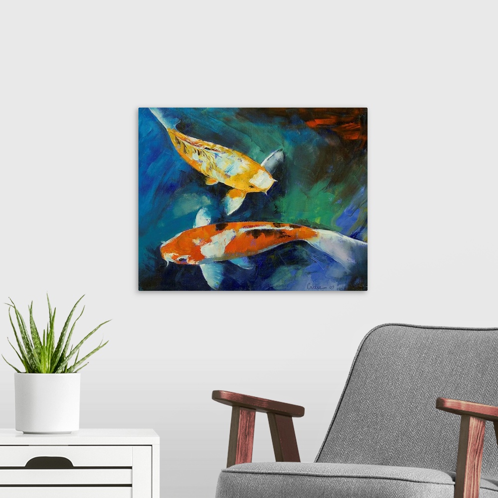 A modern room featuring This horizontal wall art is a gicloe print of an oil painting of two fish swimming in a garden pond.