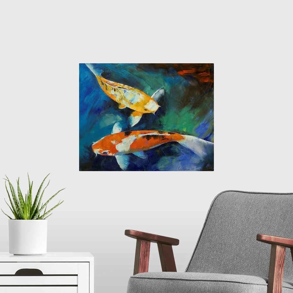 A modern room featuring This horizontal wall art is a gicloe print of an oil painting of two fish swimming in a garden pond.