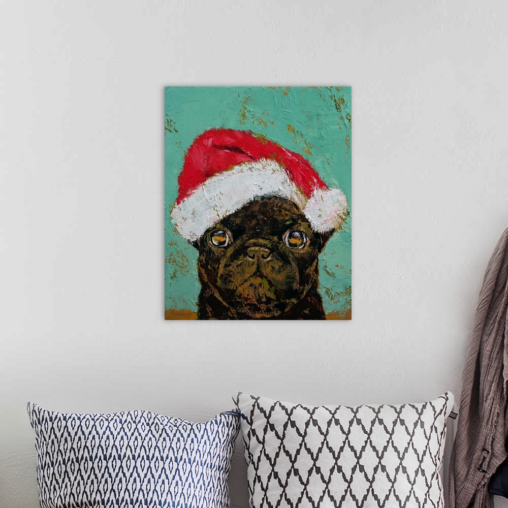 A bohemian room featuring A contemporary painting of a black pug wearing a Santa hat.