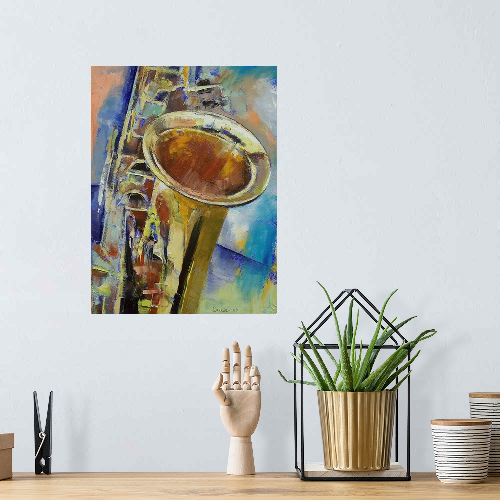 A bohemian room featuring Contemporary oil painting of up-close view of saxophone.  The multicolored image is created using...