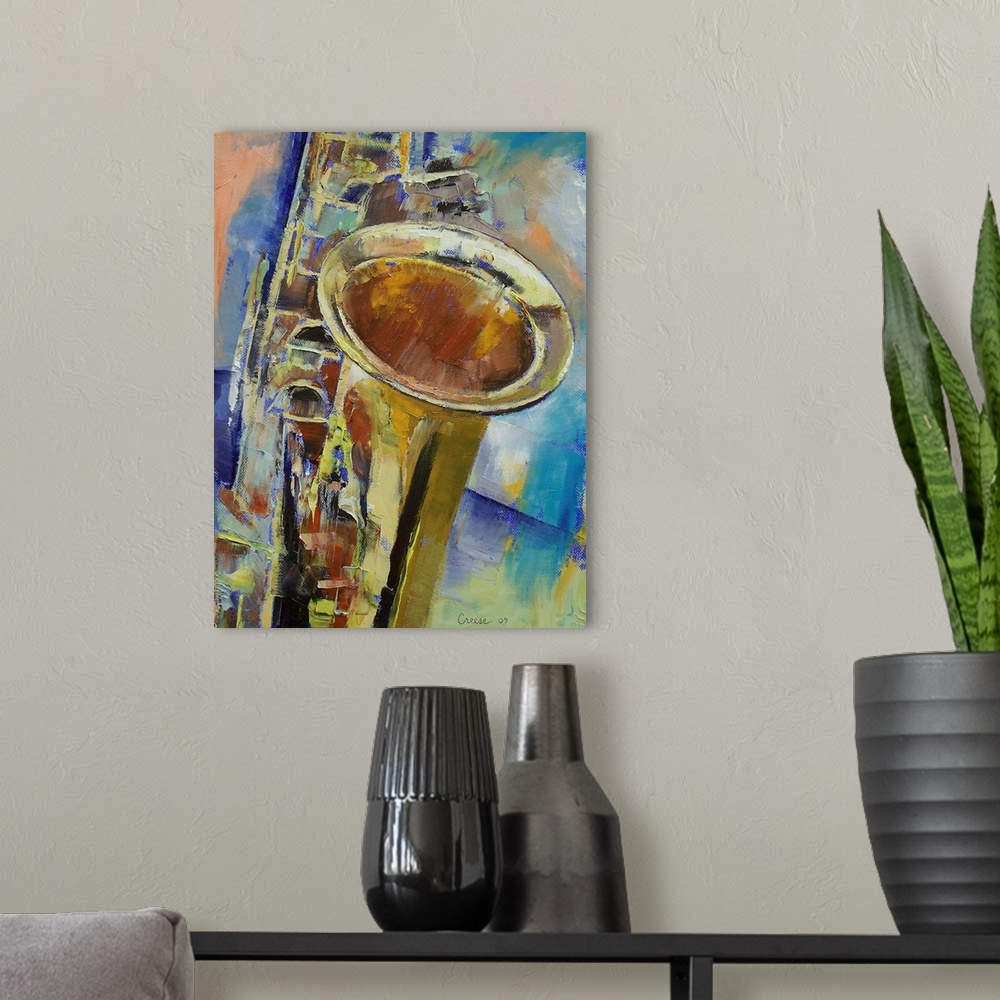 A modern room featuring Contemporary oil painting of up-close view of saxophone.  The multicolored image is created using...