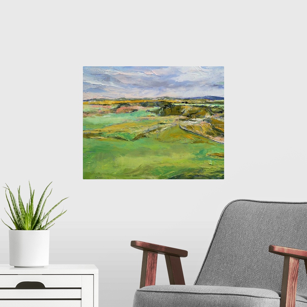 A modern room featuring Beautiful oil painting of land in Scotland with various colors used for the field, mountains and ...