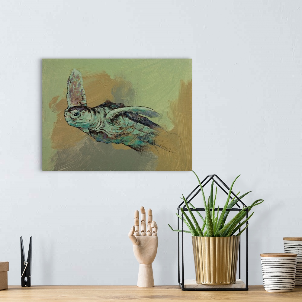 A bohemian room featuring A contemporary painting of sea turtle against a pale green background.