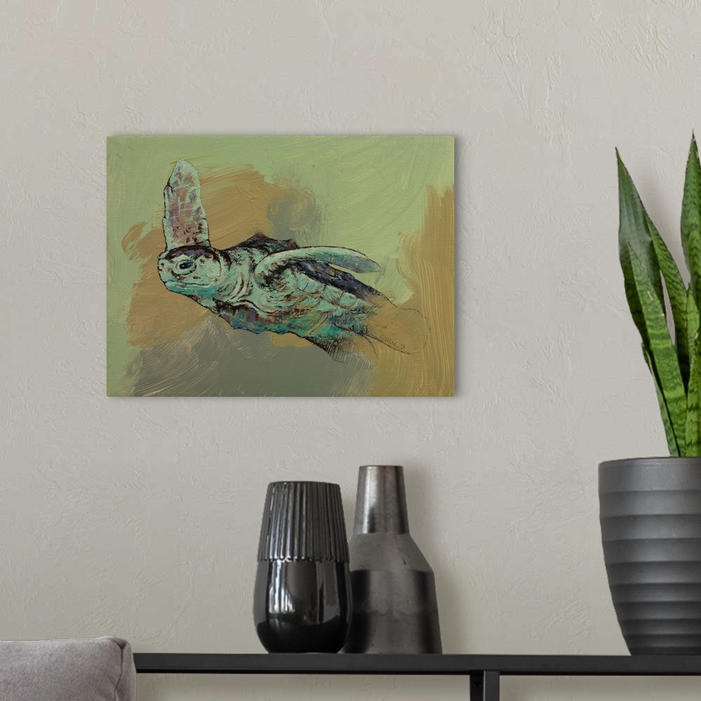 A modern room featuring A contemporary painting of sea turtle against a pale green background.