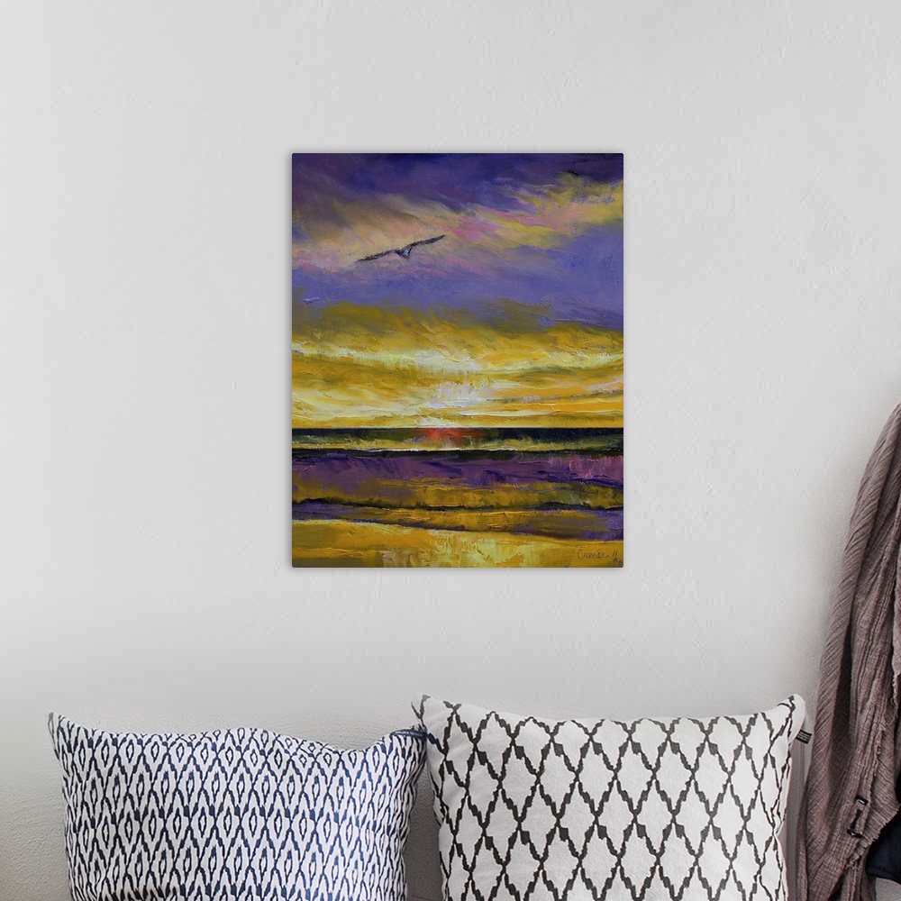 A bohemian room featuring Big, vertical wall painting of a seagull flying over water at sunset.  Painted with thick ,heavy ...