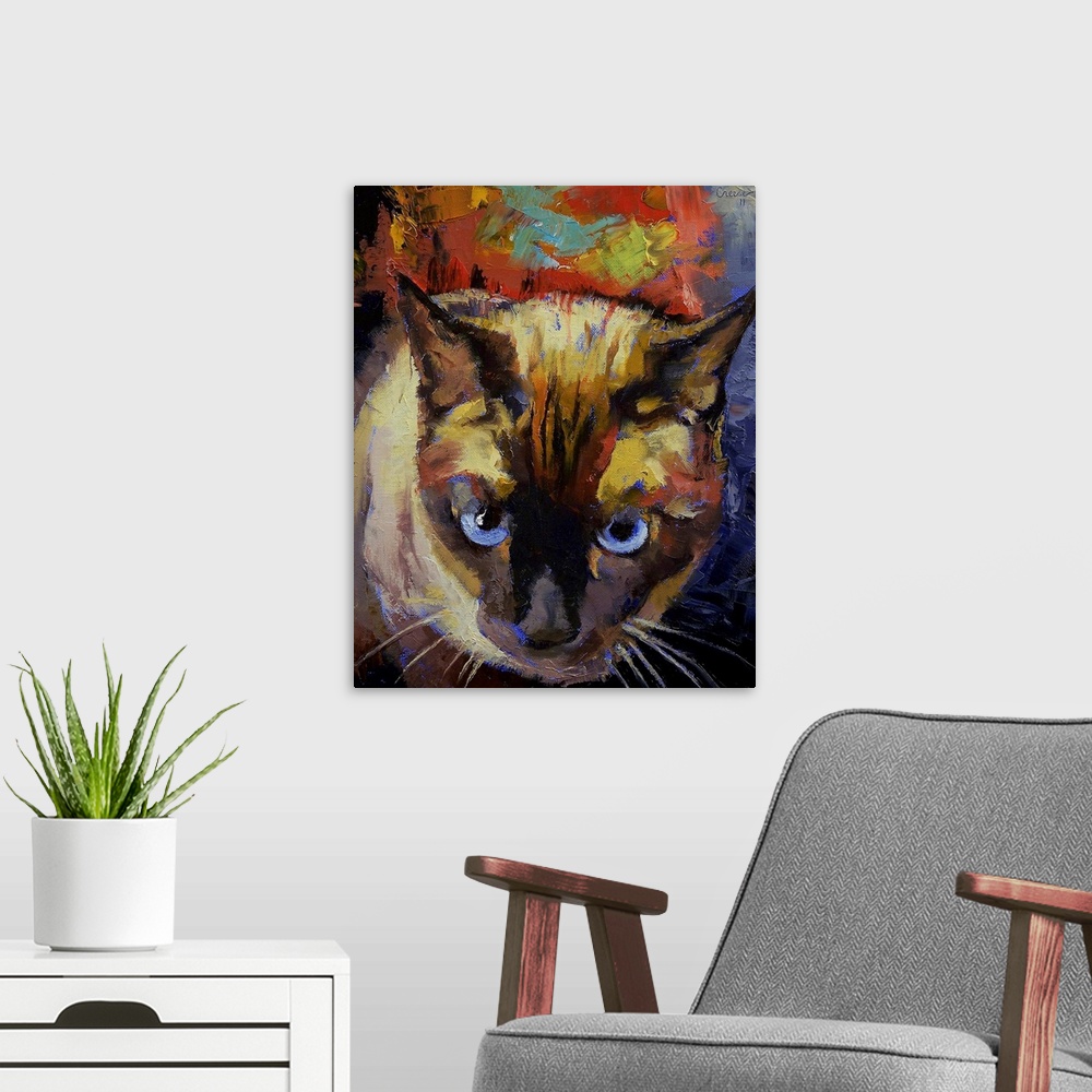 A modern room featuring Vertical, oversized painting looking down at the face of a Seal Point Siamese cat, on a backgroun...