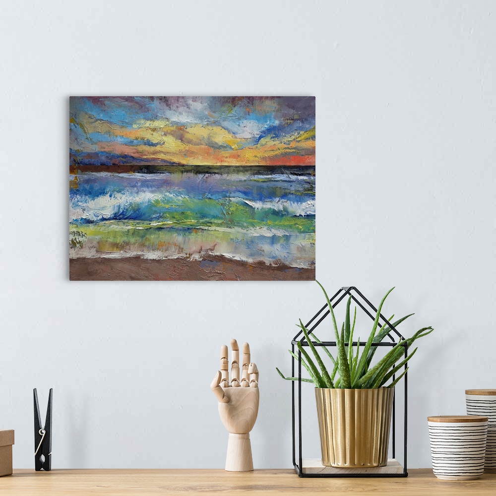 A bohemian room featuring A beautiful painting that uses all different colors to create a sunset over the ocean with waves ...