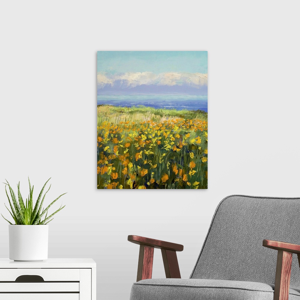 A modern room featuring Canvas painting of a large field of poppies stretching to the sea. Vibrant coloring of the poppie...