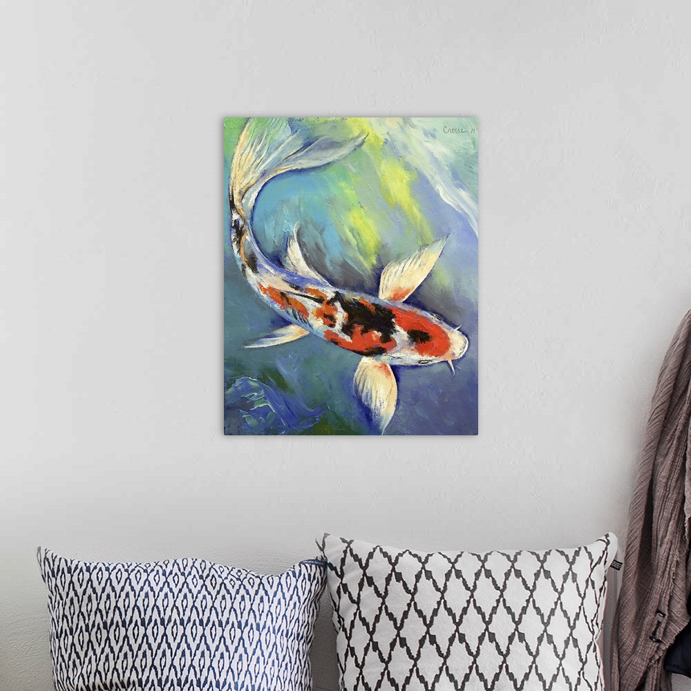 A bohemian room featuring A white, black, and red koi fish with large fins swimming in cool blue and green water.
