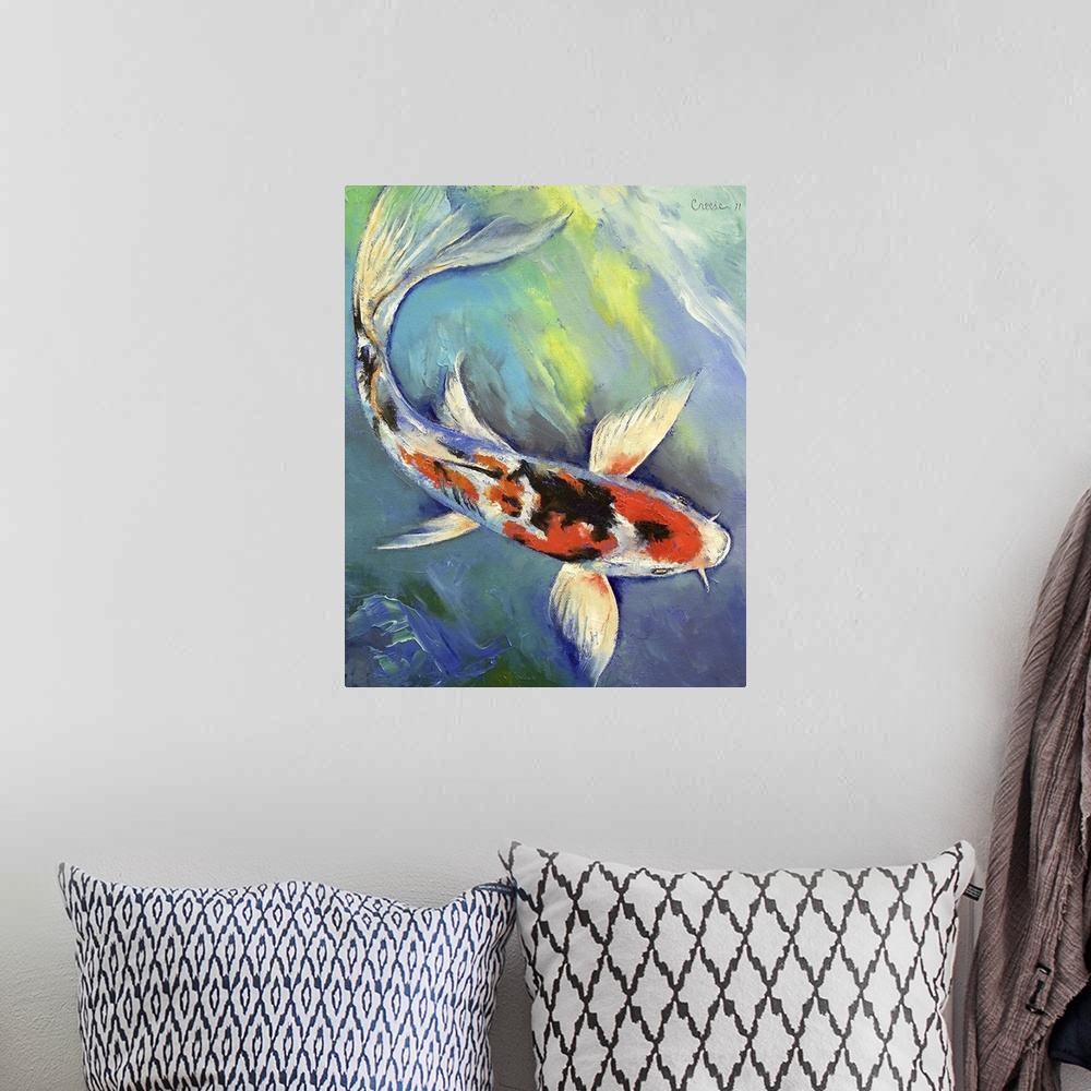 A bohemian room featuring A white, black, and red koi fish with large fins swimming in cool blue and green water.