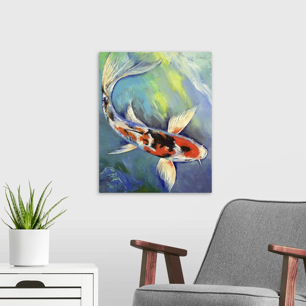 A modern room featuring A white, black, and red koi fish with large fins swimming in cool blue and green water.
