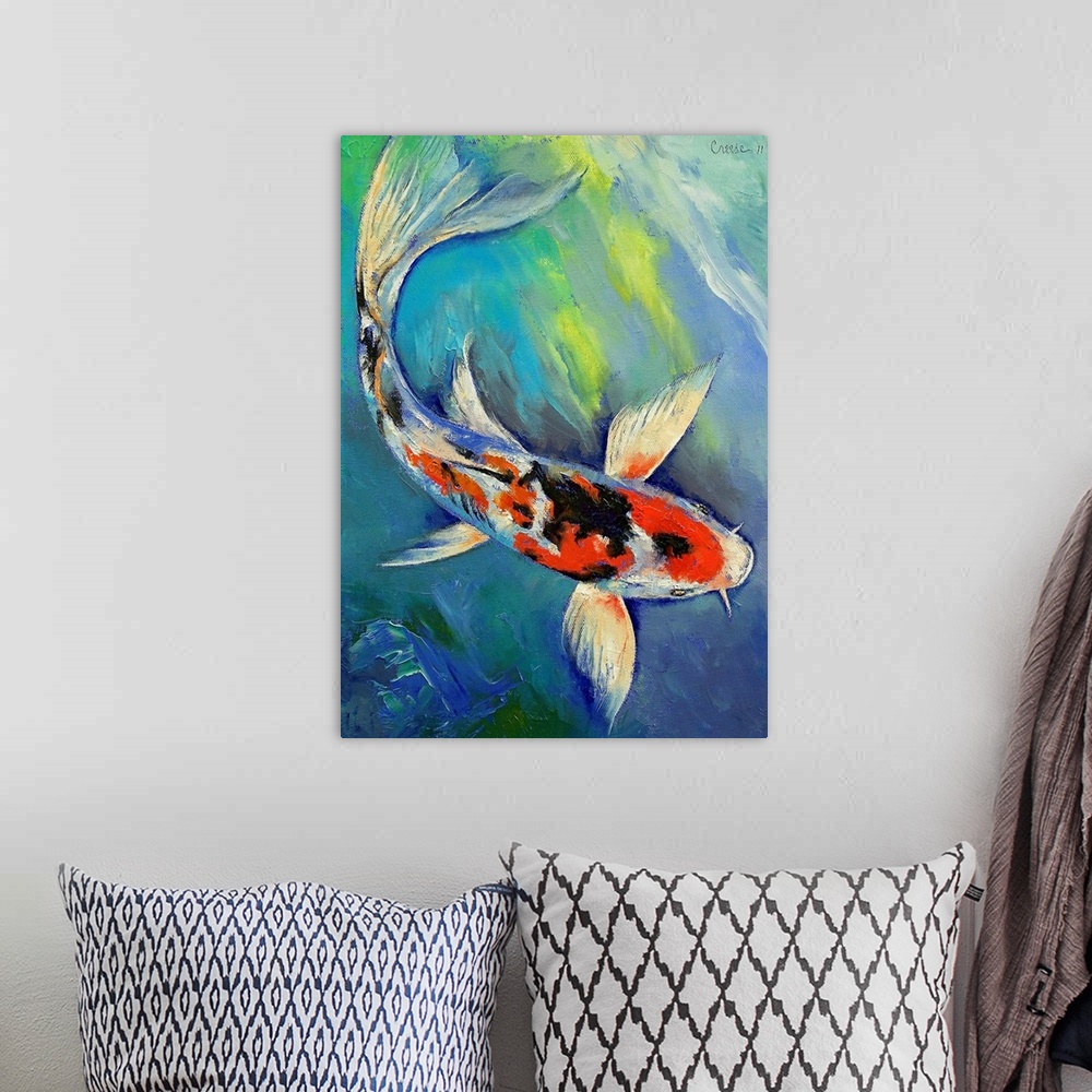 A bohemian room featuring Large painting of a koi fish swimming in the water.