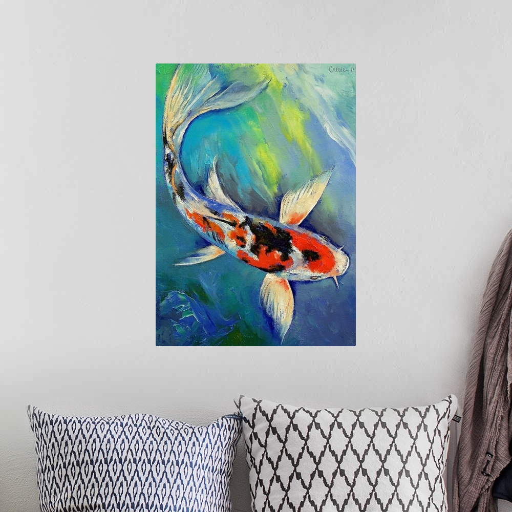 A bohemian room featuring Large painting of a koi fish swimming in the water.