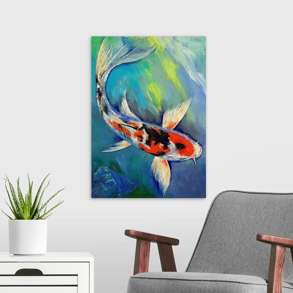 A modern room featuring Large painting of a koi fish swimming in the water.