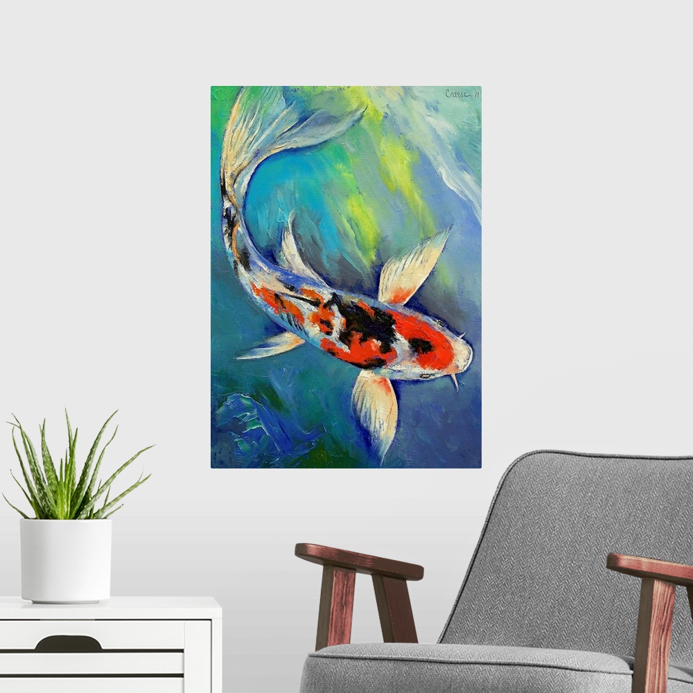 A modern room featuring Large painting of a koi fish swimming in the water.