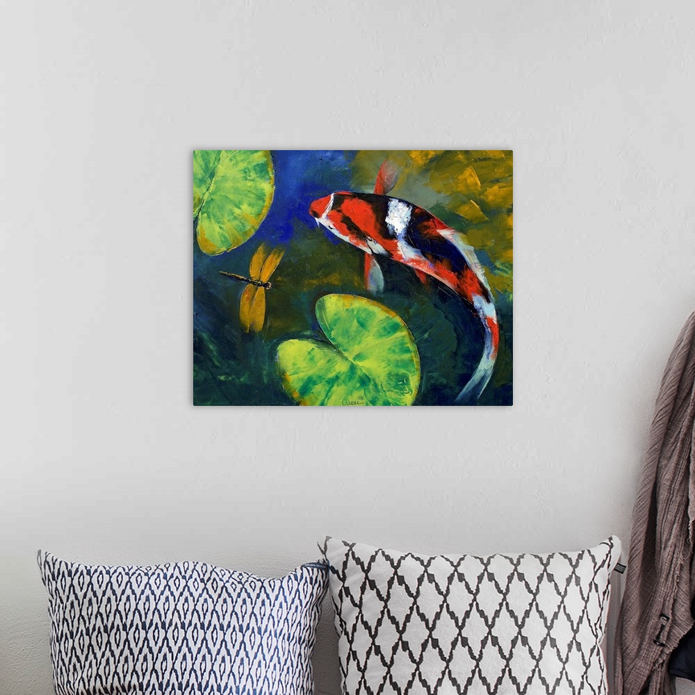 A bohemian room featuring Oil painting of a marble colored koi fish swimming in a lily pond with a dragonfly.