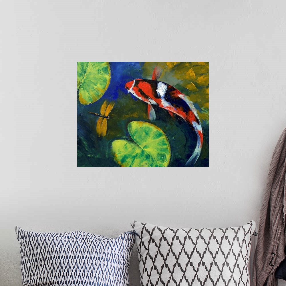 A bohemian room featuring Oil painting of a marble colored koi fish swimming in a lily pond with a dragonfly.