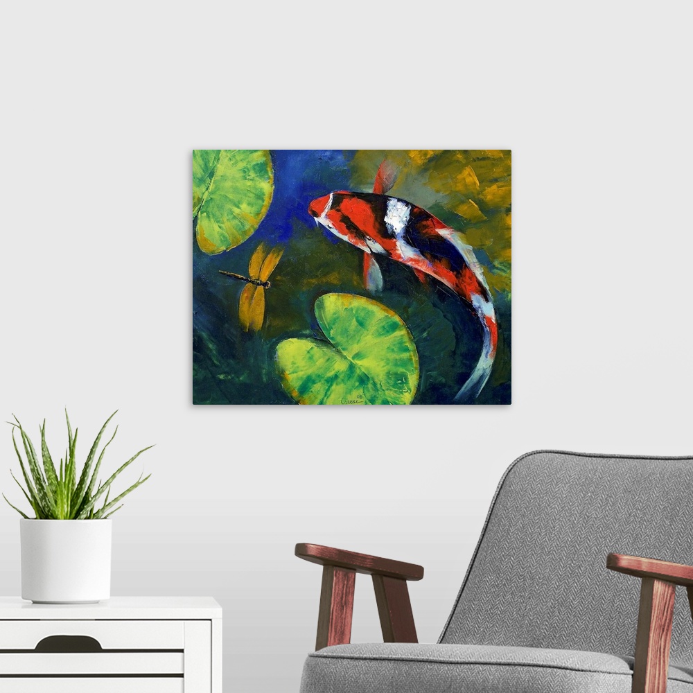 A modern room featuring Oil painting of a marble colored koi fish swimming in a lily pond with a dragonfly.