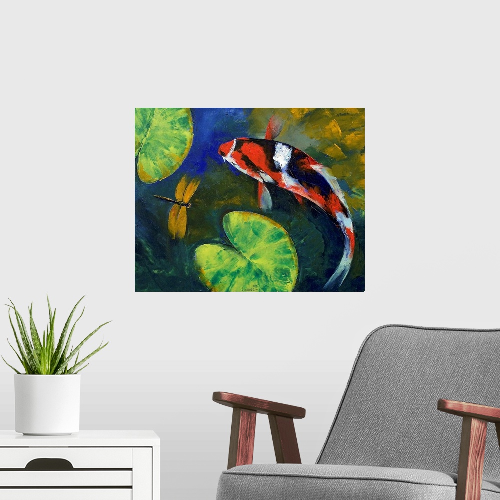 A modern room featuring Oil painting of a marble colored koi fish swimming in a lily pond with a dragonfly.