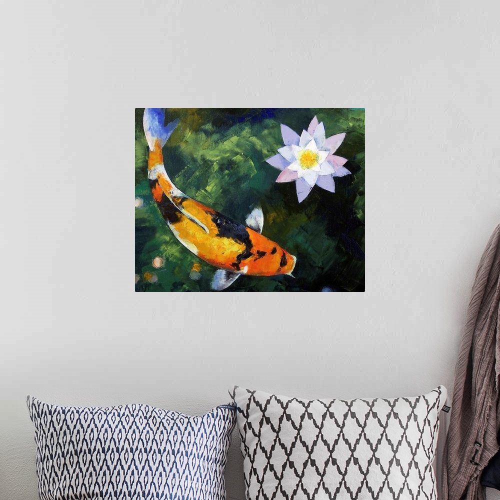 A bohemian room featuring Horizontal oil painting on a large wall hanging of a showa koi fish, swimming through murky water...