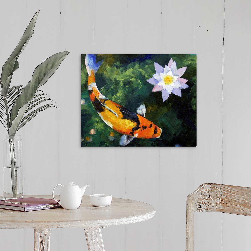 A farmhouse room featuring Horizontal oil painting on a large wall hanging of a showa koi fish, swimming through murky water...