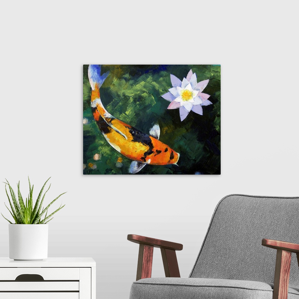 A modern room featuring Horizontal oil painting on a large wall hanging of a showa koi fish, swimming through murky water...