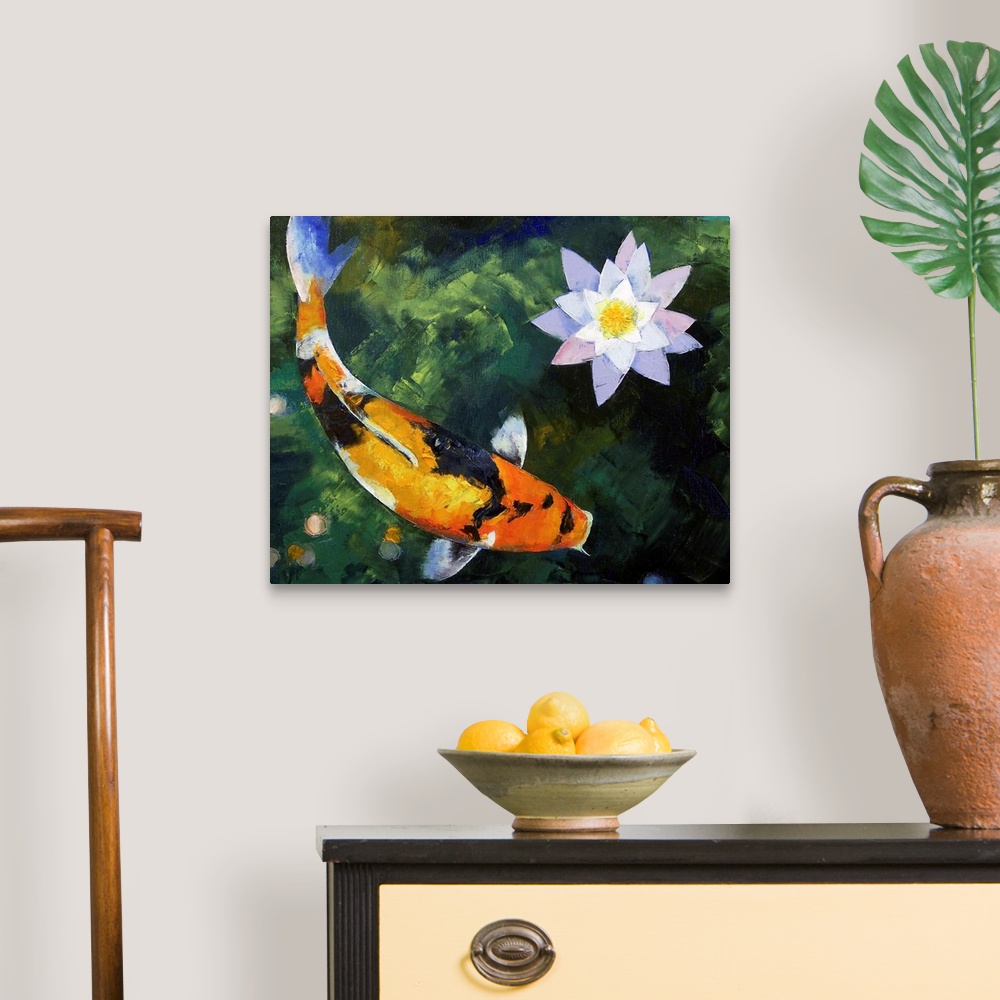A traditional room featuring Horizontal oil painting on a large wall hanging of a showa koi fish, swimming through murky water...