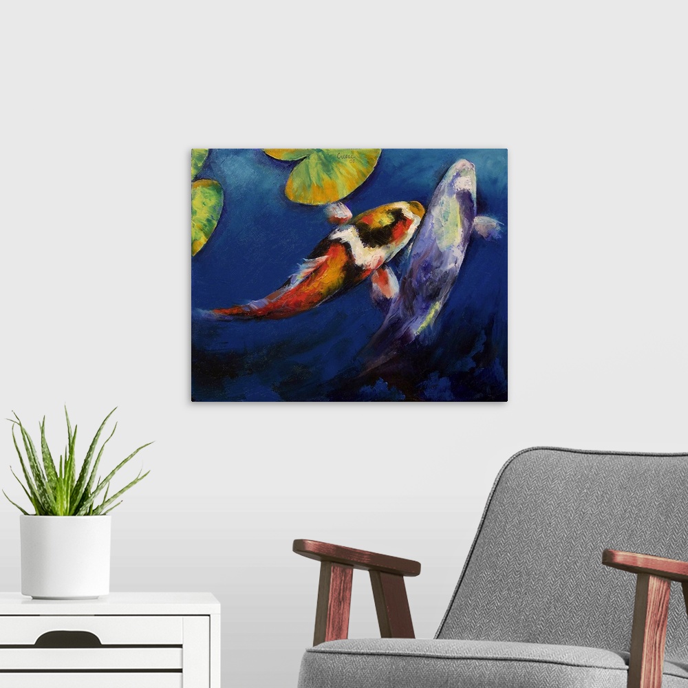 A modern room featuring This painting depicts two koi fish. It is rendered with an impasto technique for beatuful, staine...