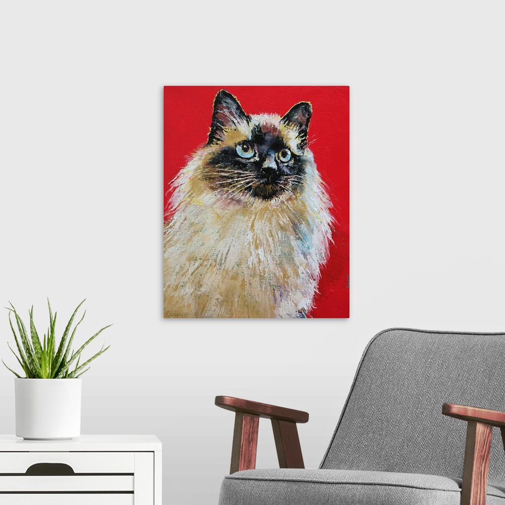 A modern room featuring A portrait of a siamese cat with piercing blue eyes.